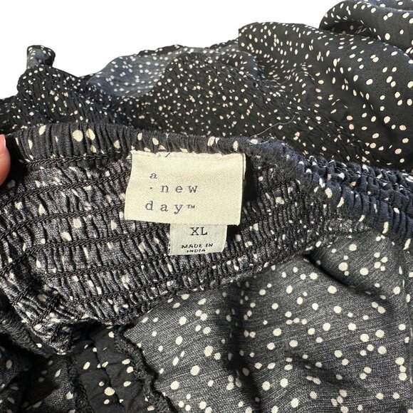 A New Day Smocked Crop Top XL Polka Dot Ruched Puff Statement Long Sleeve Black - Picture 8 of 11
